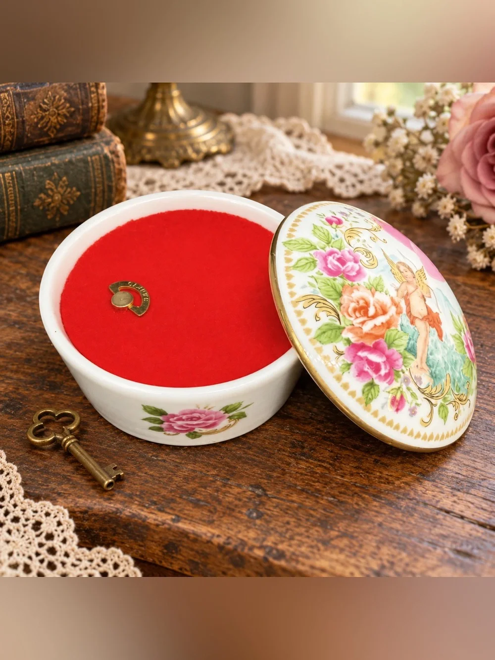 Royal Yarmouth Fine Porcelain Jewelry Music Box 2.5” White Pink Floral 1986 VTG